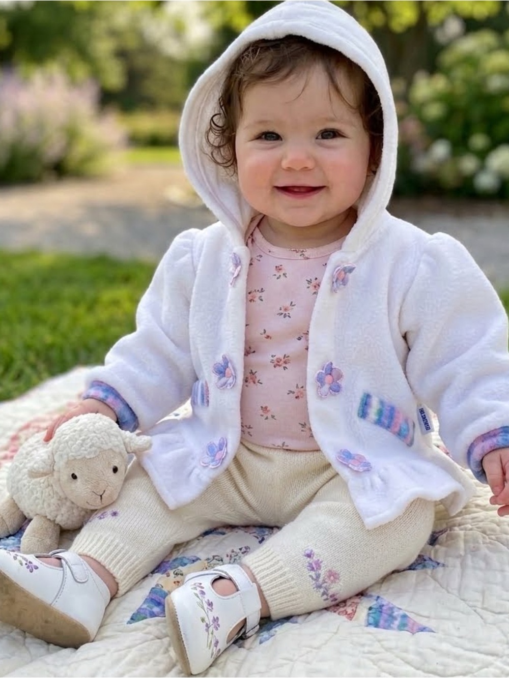 Vintage Okie Dokie Fleece Pastel Floral Embroidered Hooded Baby Cozy Jacket 12mo